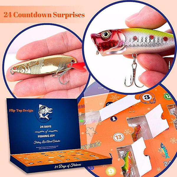 Adventskalender Fiske Jul Nedtelling, 24 Dagers Fiskebeitesett for Fiskere Voksne Menn Tenåringsgutter, Fiskebeite Julkalender
