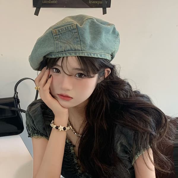 Retro Denim Beret Hatt Høstfarge Lys Blå light blue