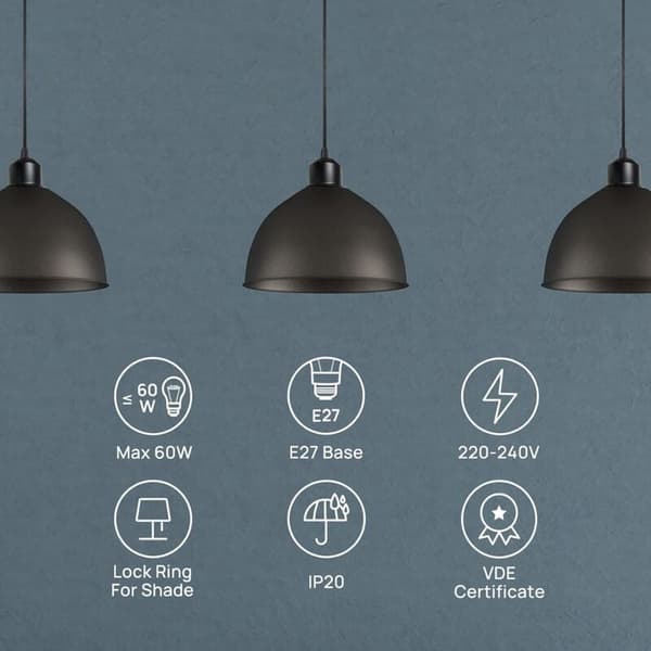 Adjustable E27 Pendant Lamp with 100cm Textile Cable, Black - Compatible with Lampshades, Ideal for Kitchen Lighting