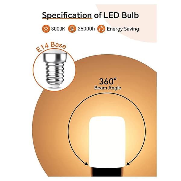 Refrigerator Light Bulb, 1.5W E14 LED Bulb, 150LM Warm White 3000K Energy Saving Lamps, for Refrigerators