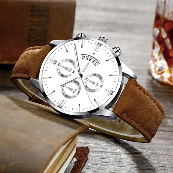 Lyxmode Herr Militär Sportklockor Man Brun Watch Kvarts Armbandsur Herr Affär Casual Watch Masculino Brown White