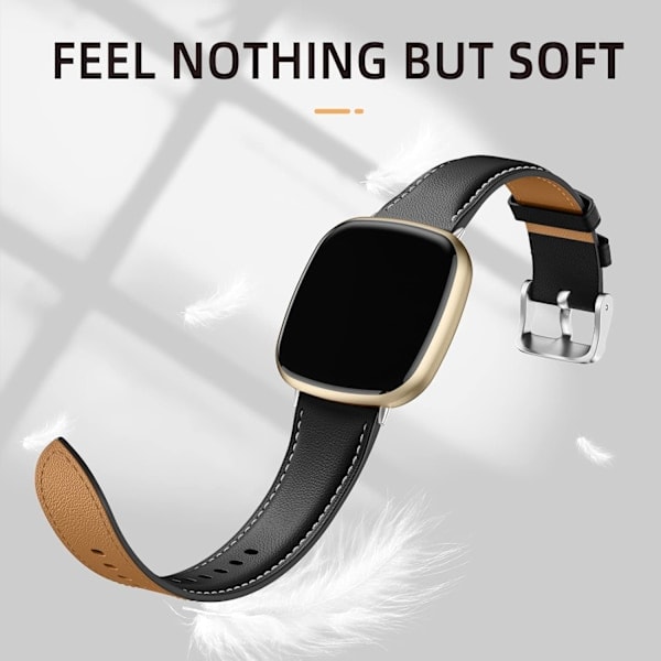 Läderarmband Kompatibelt med Fitbit Versa 3/Fitbit Sense 2/Sense, Äkta Läder Elegant Ersättningsband, Svart