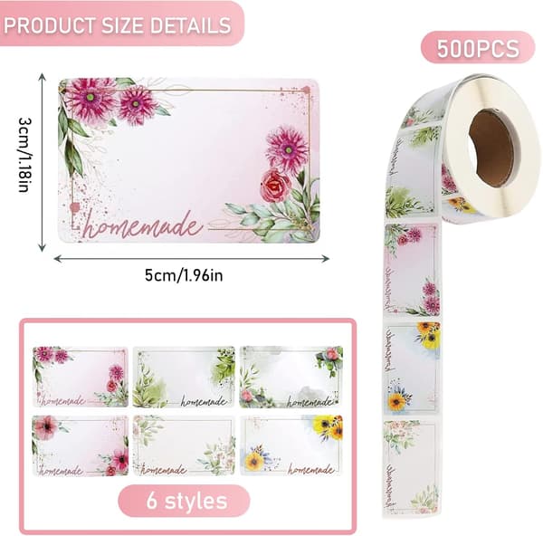 500 stycken syltetiketter, rektangulära blommiga självhäftande etiketter