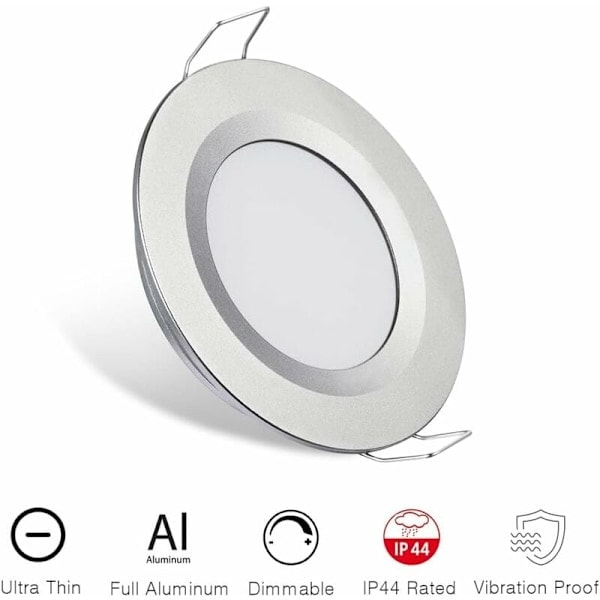 4 x LED Infällda Spotlight 12V Hål 58-65mm 3W 6400K Infälld Taklampa för Husbil Båt Husvagn Van Yacht Kallt Vitt (Silver Finish)