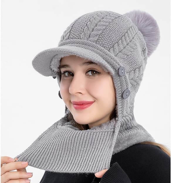 Vinter dame strikket pullover ørebeskyttelse ull lue dame skjerf integrert varm lue