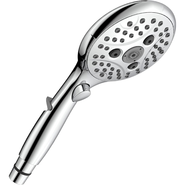 (Specialtilbud) Brusehoved med vandstopknap, håndbruser 7,3 l/min med 6 sprayindstillinger, on/off-knap, universel vandbesparende, krom