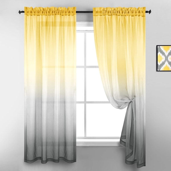 Gule gardiner 213 cm lange for stue, vårgradienttrykte halvtransparente mønstergardiner 213 cm lange 2-delt soveromssett