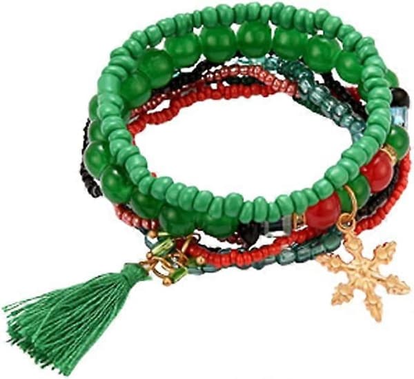 Jul Multicolor Stretch Pärlarmband Stapelbart Julberlocker Julklockor Snögubbe Jularmband