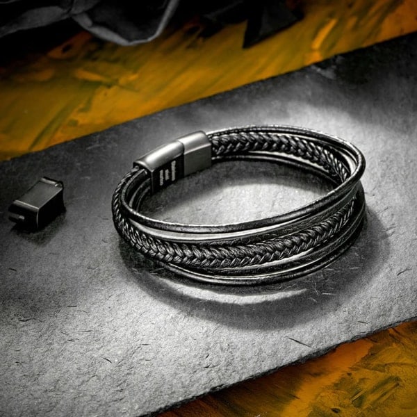Herrearmbånd i rustfrit stål ægte læderarmbånd flettet med spænde