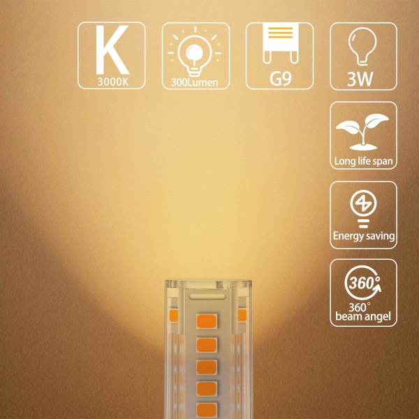 G9 LED-glödlampor varmvitt, 3W, 300LM, 3000K, ersättningslampa 30W G9-halogenlampa, flimmerfri, ej dimbar för belysningsdekor, ljuskrona, 10 st.