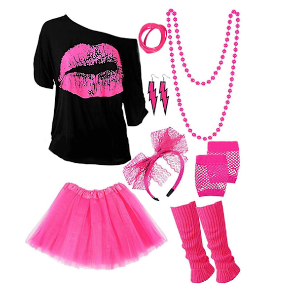 (Specialerbjudande) 80-tals 90-tals outfit dam, T-shirt, benvärmare, klänning, örhängen, armband, handskar Rosröd Rose red XL Rose red