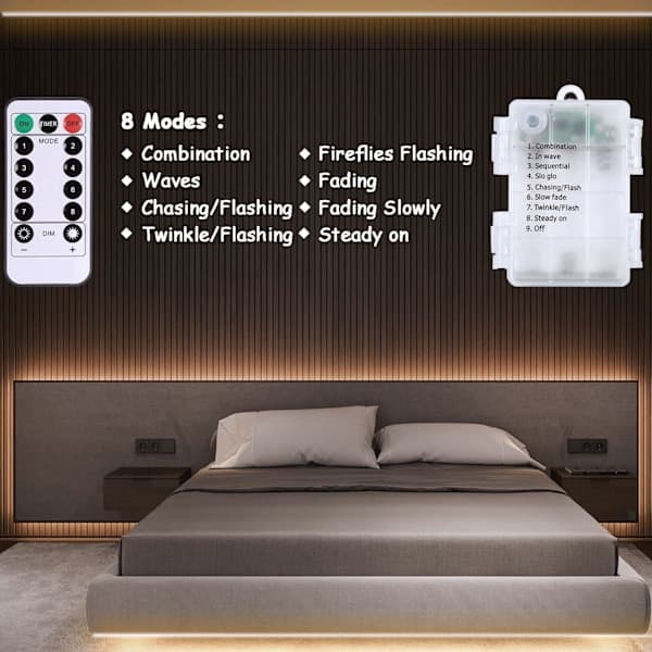 3 m batteridrevne LED-lys med fjernkontroll, 90 LED-lys vanntette, 8 moduser, dimbare, timer, selvklebende, klippbare (varmhvit)