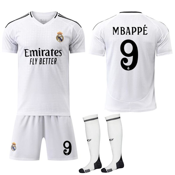 2024-25 Real Madrid Hjemmebanetrøje 10 Modric 9 Mbappe 7 Vinicius 8 Kroos 5 Bellingham Børn og Voksen Fodboldtrøje med Strømper No. 9 XS No. 9