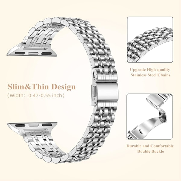 Metallband kompatibelt med Apple Watch 41mm 40mm 38mm, justerbart för iWatch Series 9 8 7 6 5 4 3 2 1 SE 2/1 Ultra 2/1, Silver