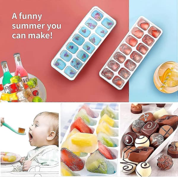 Set of 4 Silicone Ice Cube Trays with Lids, Space Saving and Stackable, LFGB Certified and BPA Free, Easy Release, Square/Green Ice Cubes
