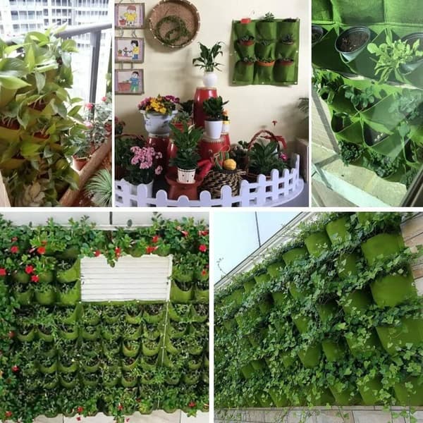 9 Hängande växtfickor, odlingsväskor för utomhusväxter, blommor, potatis, tomater och jordgubbar (grön)