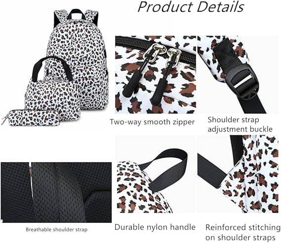 3-pack Leopardmönstrad Skolryggsäck för Kvinnor, Stor Kapacitet
