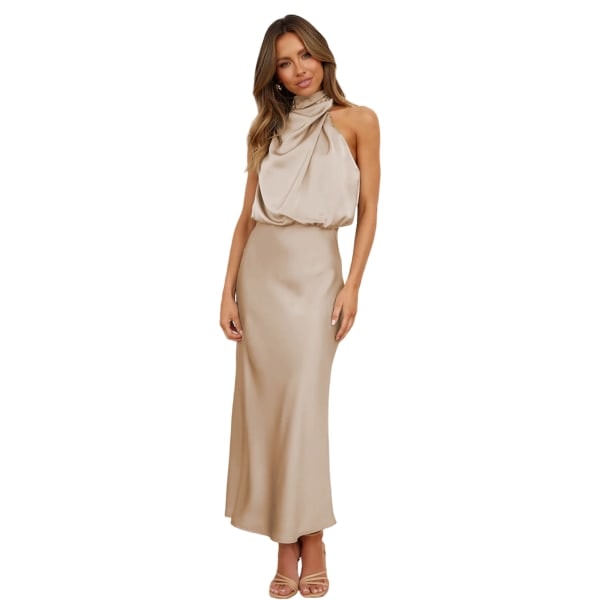 Elegant ærmeløs halterneck satin sommer bryllupsaftenkjole til kvinder (M)