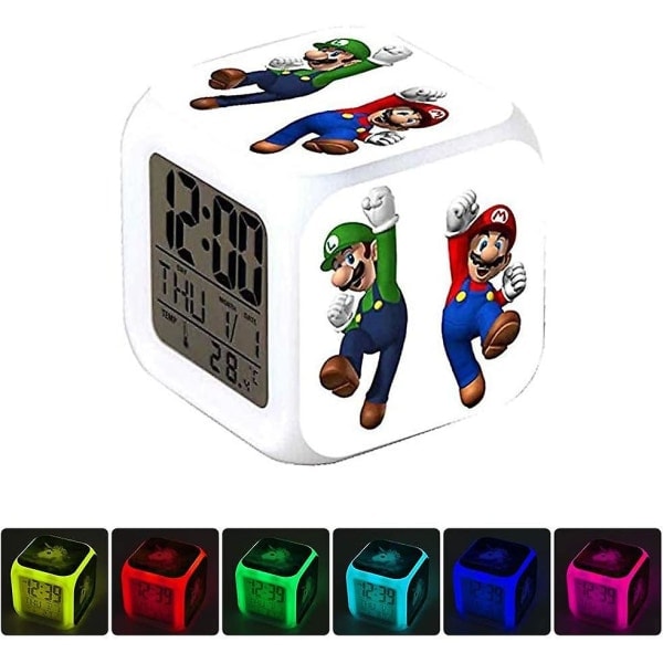 Mario 7 Färger Växlande Digital Väckarklocka med Tid, Temperatur, Alarm, Datum (Kartlopp) Super Mario-a
