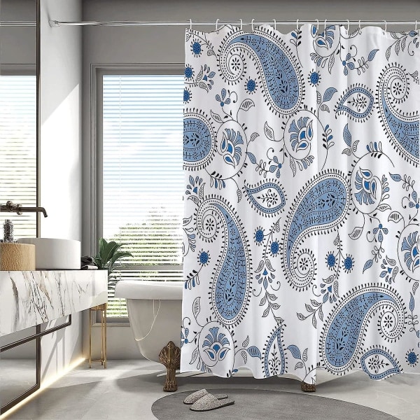 Akvarel planteblade med blomstermønster badeværelsesbruserforhæng Lyseblå 90x180cm