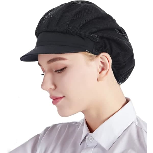 Sæt med 3 sorte kokkehatte med net, unisex køkkenhatte til