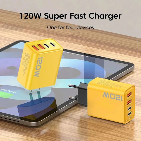 (Særlig kampagne) Total 120W Hurtigoplader Type C Hurtigopladning 3.0 USB-oplader Adapter til iPhone Samsung Xiaomi PD USB-oplader Hurtigopladningsstik EU Yellow