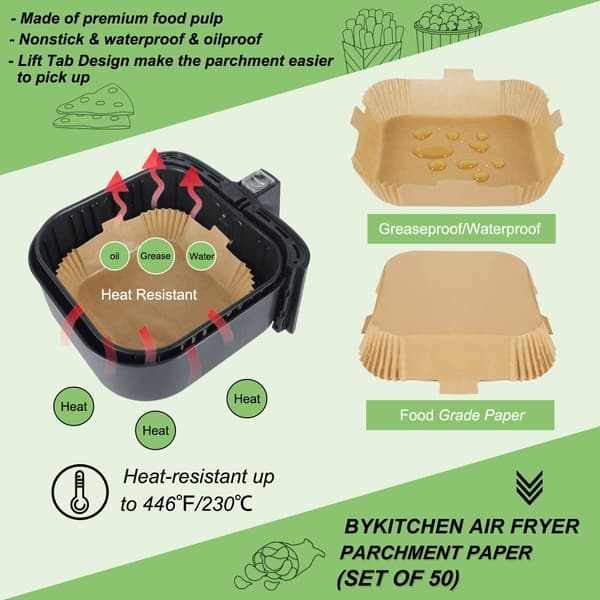 Airfryer-foder, kvadratiske, fedtbestandige bagepapirer til airfryer