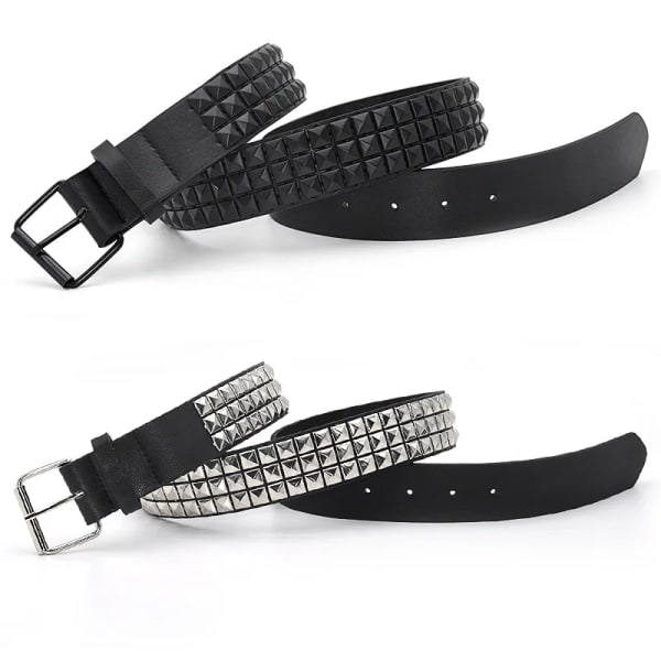 GAOKE Pyramid Nit Midjebælte Herre & Dame Dubbet Læderbælte Punk Rock Hardware med Nål Spænde Midje Sort Jean 02Black 110cm