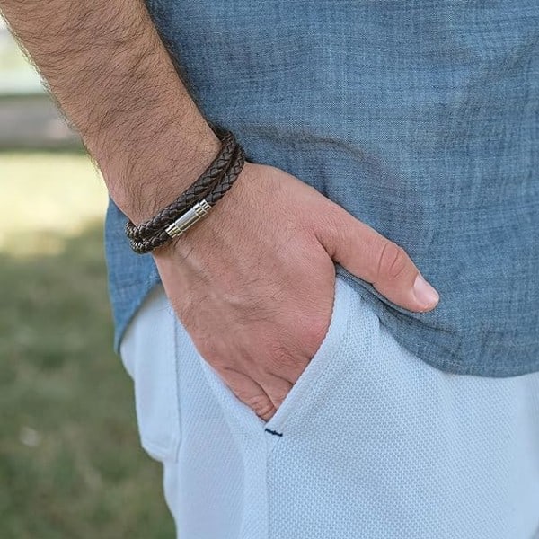 Läderarmband för män | Äkta flätad lädermanschett med magnetlås