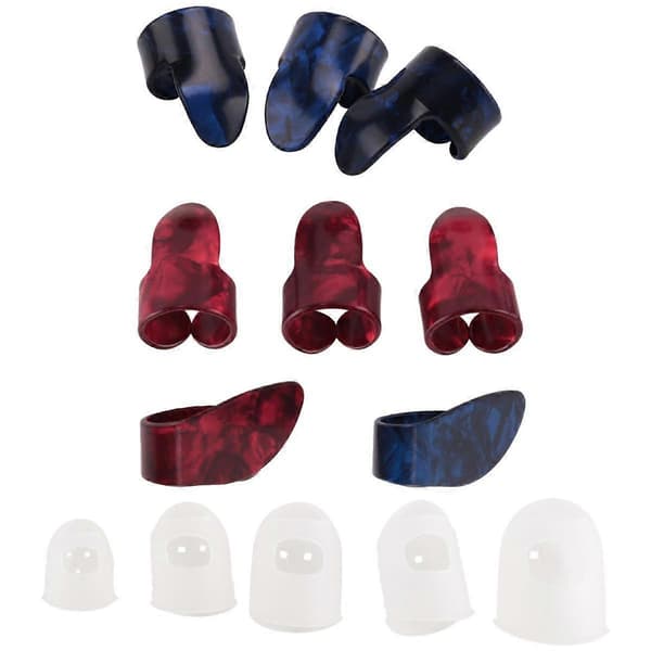 Gitarrkit Inklusive 8 Gitarrplektrum för Tumme och Finger (Metall och Blå Celluloid), 5 Transparenta Gitarrfingerskydd