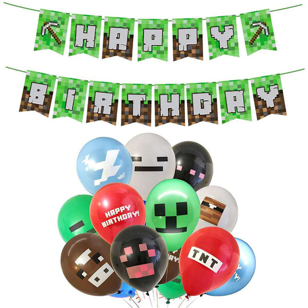 19 stk Minecraft Fødselsdagsfest Dekorationer, Spiltema Festartikler, Inklusive (1 stk) Tillykke med Fødselsdagen Banner (18 stk) Balloner