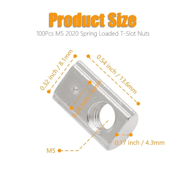 M5 Fjäder-T-Mutter 2020 Aluminium Extrusion T-Muttrar (100 st)