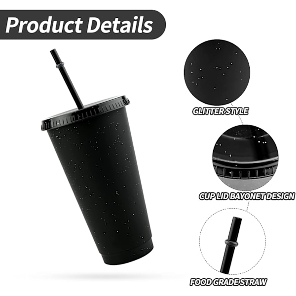 Återanvändbar plastmugg 5 st färgade akrylglas med lock och sugrör i plast, bulk, iskall plast, kall vattenmugg, kaffemuggar (svart) Black