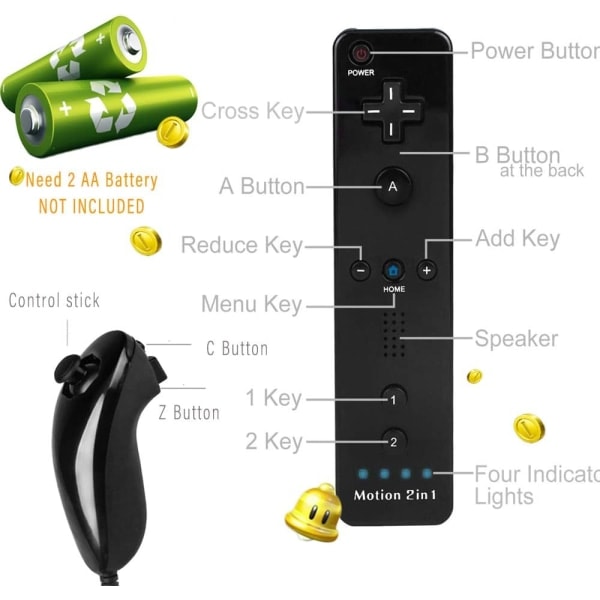 2 kpl 2-in-1 Wii-kaukosäätimiä Motion Plus ja Nunchuck -ominaisuuksilla