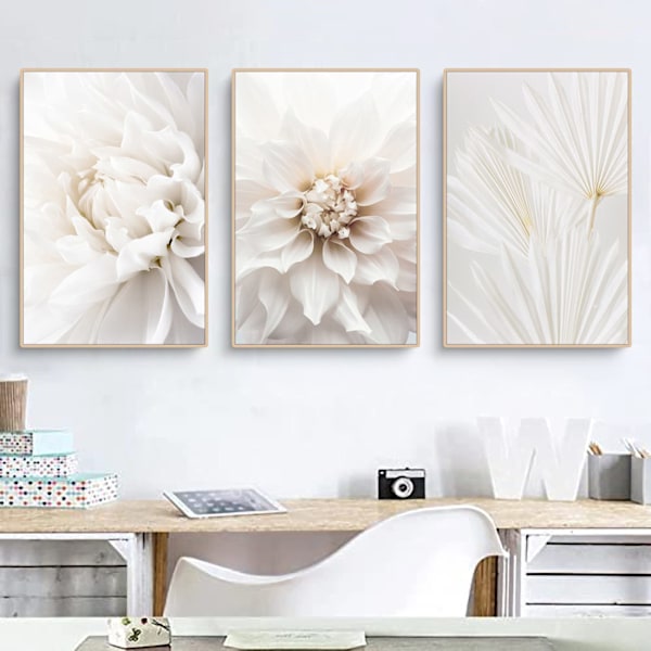 Set med 3 affischer, vita rosblommor bilder, moderna canvastavlor, utan ram, boho tavla set, väggdekoration för vardagsrum, sovrum 40*50cm