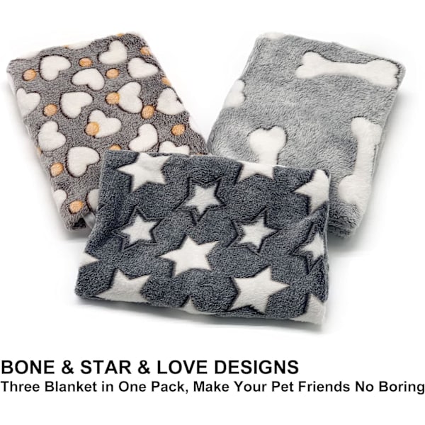 1 Pakke 3 Hvalpetæpper Super Bløde Varme Sovemåtter Grå Sødt Trykt Fluffy Fleece Kæledyr Flanell Plaid Hundetæpper til Små Hunde Katte, (23\"x15\")