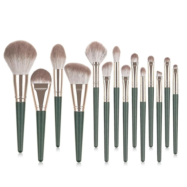 Makeupbørster 14 stk/sæt Grøn Makeupbørste Med Taske Kosmetik Skønhedsværktøjer Foundation Pudder Rouge
