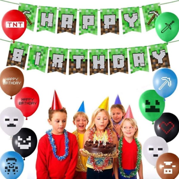 19 stk Minecraft Fødselsdagsfest Dekorationer, Spiltema Festartikler, Inklusive (1 stk) Tillykke med Fødselsdagen Banner (18 stk) Balloner