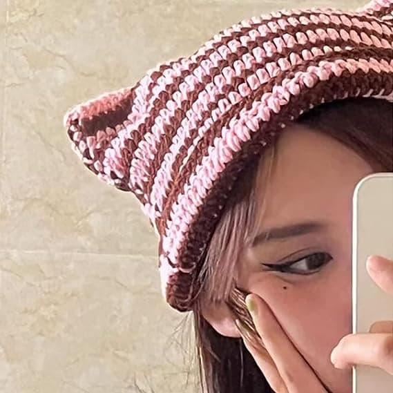 Damkatt Mössa Stickade Mössor med Öron Stickad Vinter Varm Elastisk Slouchy Mössa för Flickor Vuxna Barn Pink