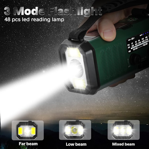 Nödradiomottagare, 10000mAh batteri - NOAA/AM/FM väderradio - LED-ficklampa och läslampa - SOS-larm WELLNGS