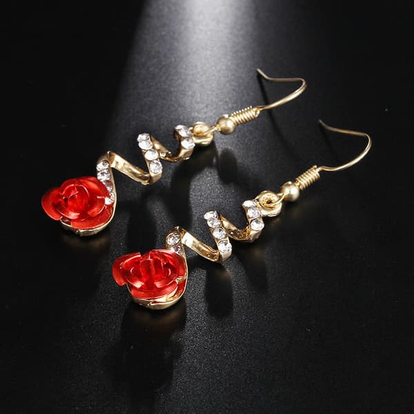 Boho Akryl Røde Rose Øredobber - CZ Rose Dråpe & Spiral Anheng Øre