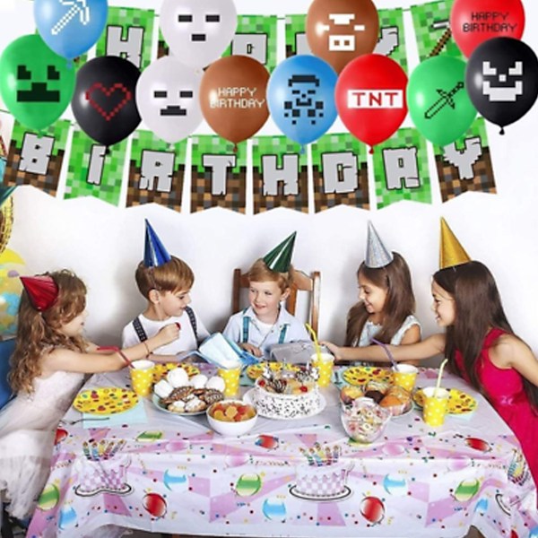 19 stk Minecraft Fødselsdagsfest Dekorationer, Spiltema Festartikler, Inklusive (1 stk) Tillykke med Fødselsdagen Banner (18 stk) Balloner