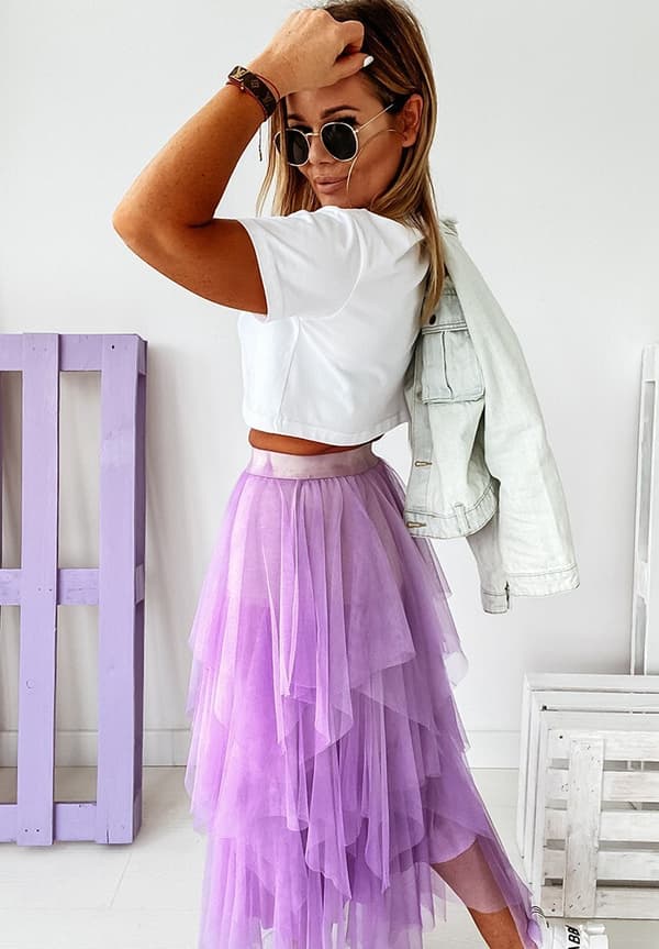 Dame tylskørt med elastisk talje og mesh, lang nederdel purple