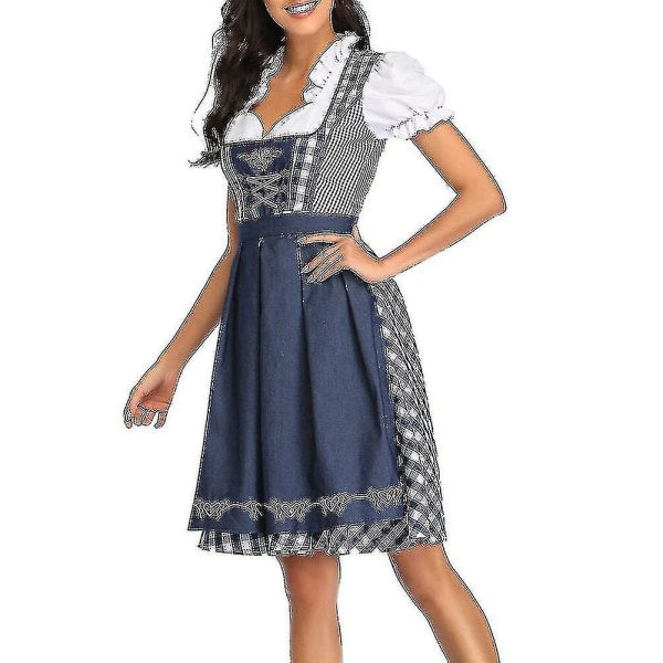 Naisten Dirndl - Baijerilainen perinteinen mekko, oluttyttömekko, paita ja esiliina, harmaa ja sininen, koko S