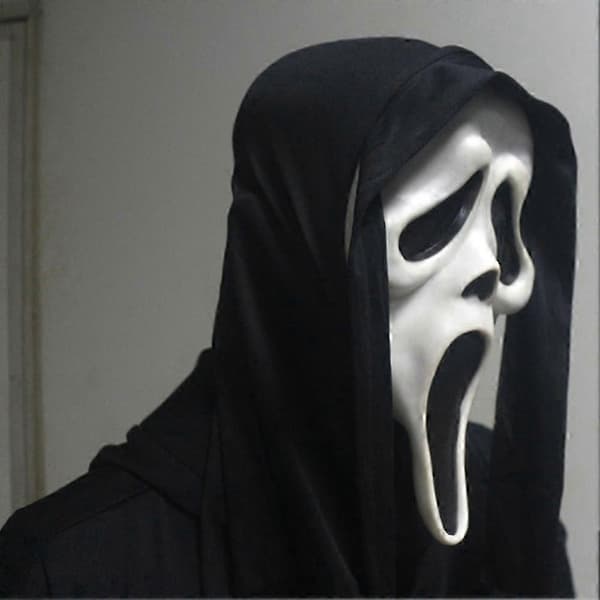 Scream Maske med Sort Hætte Spøgelse Ansigt Halloween Maskerade Tilbehør