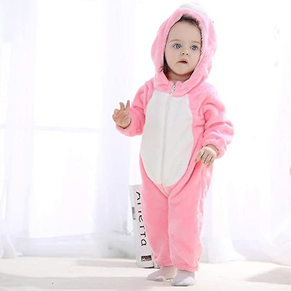 Bran Unisex Baby Romper Söta Varma Stitch Djur Långärmad Dragkedja Tjock Fleece Höst Vinter Barnkläder[HK] rosa 80cm pink