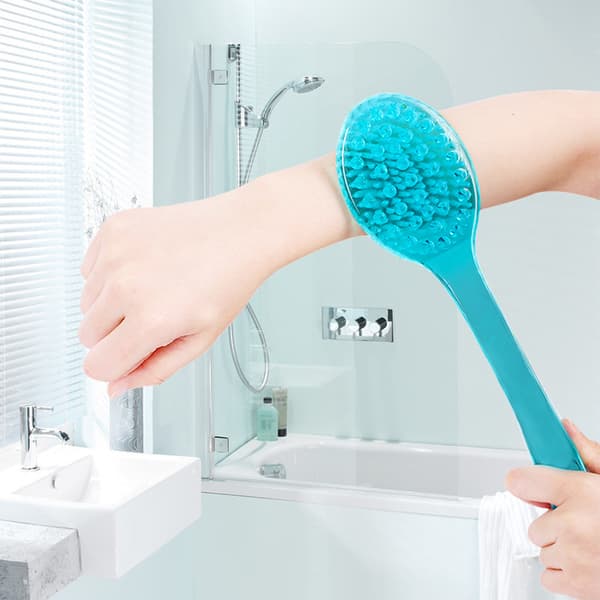 Blue brush with long handle for massage, back scrub shower