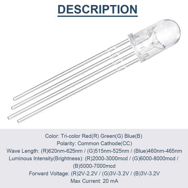 100-pak 5 mm LED'er med fælles katode, DC 3 V, 20 mA, RGB trefarvet (rød/grøn/blå)