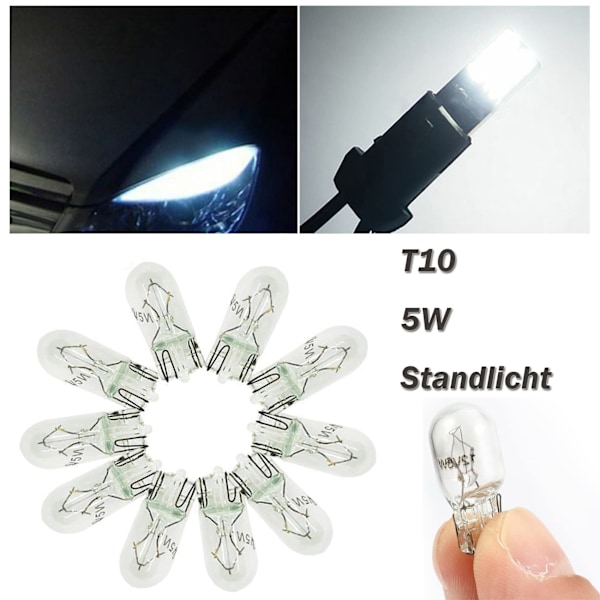 10 x 5W Vita T10 LED-lampor Registreringsskyltsbelysning Sidomarkeringsljus DC 12V för Bil Lastbil Interiör Kupollampa