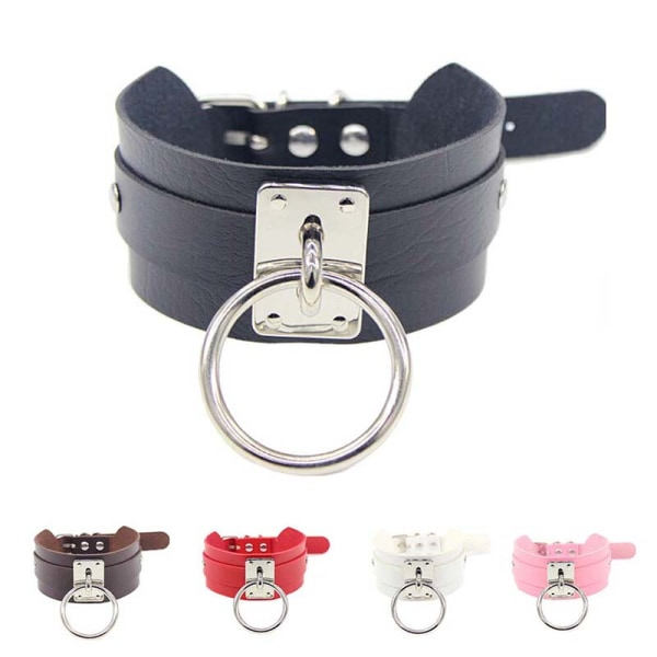 Punk Gothic Bred PU Læder O-Ring Krage Choker Halskæde Kvinder Sort+Sølv Ring